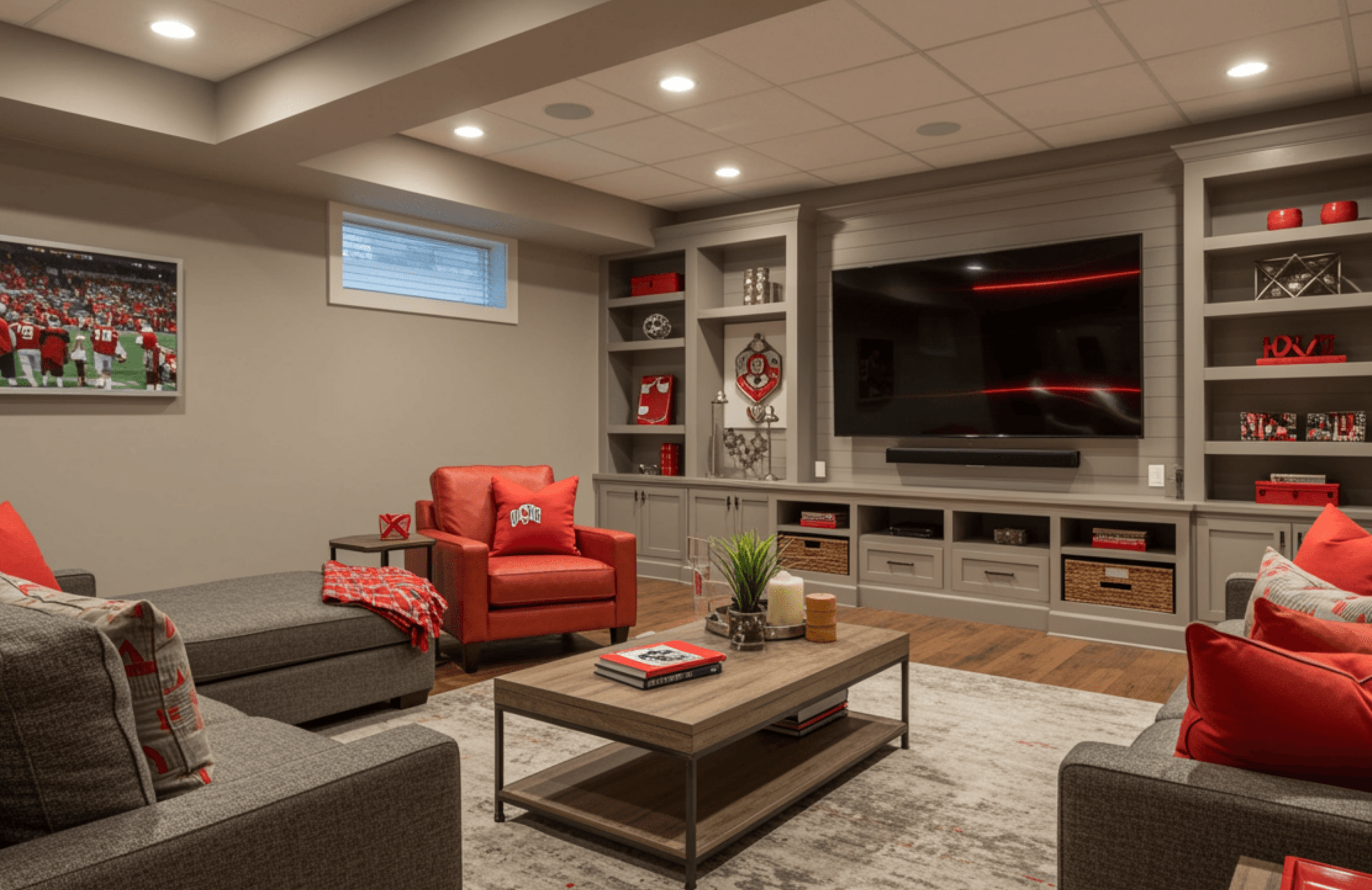 Finished basement with built-in media storage and a seating area